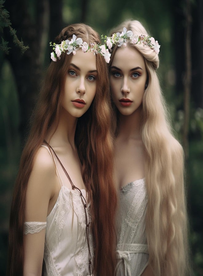 LLinfflr Pearl Flower Crown Floral Garland Headband Flower Halo Headpiece Hair Wreath Boho Photos Wedding Pink - Image 2
