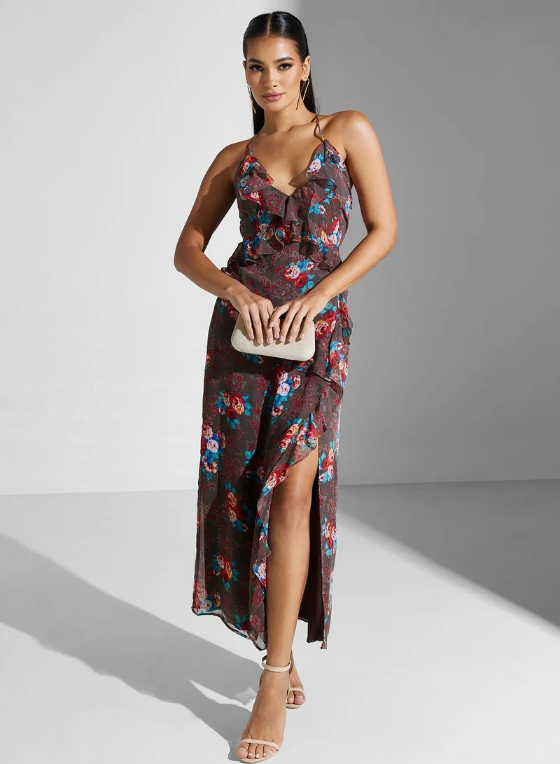 Golden Apple Floral Ruffle Maxi Dress