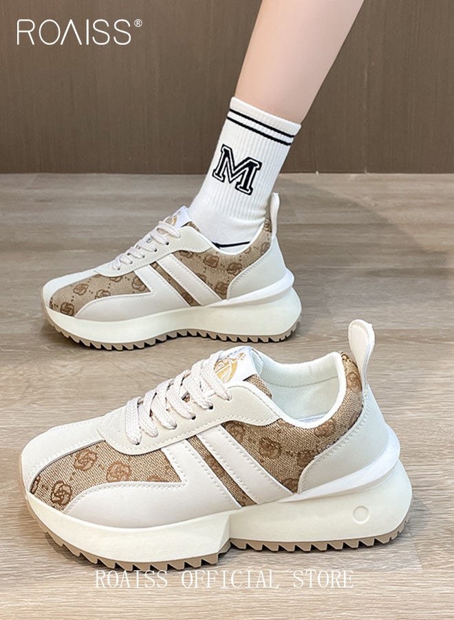 roaiss Letter Patch Decor Floral Pattern Lace-Up Front Sneakers for Women Casual Sporty Outdoor Non Slip Running Shoes Versatile Thick Sole Round Toe Sports Shoes - Image 1