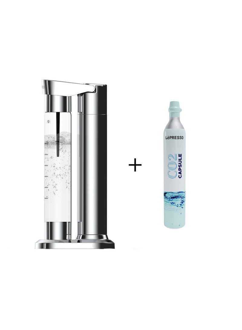 ليبرسو جهاز صنع المياه الغازية مع حامل لزجاجتين (500 مل - 350 مل)، متوافق مع كبسولات ثاني أكسيد الكربون، مصنوع من مادة PET مقاومة للانفجار وخالية من مادة BPA، تفريغ تلقائي للهواء، سهل التنظيف، آمن وسريع لتحويل الماء إلى مياه غازية، يتضمن كبسولة ثاني أكسيد الكربون سعة 0.6 لتر - عبوة فضية - Image 1
