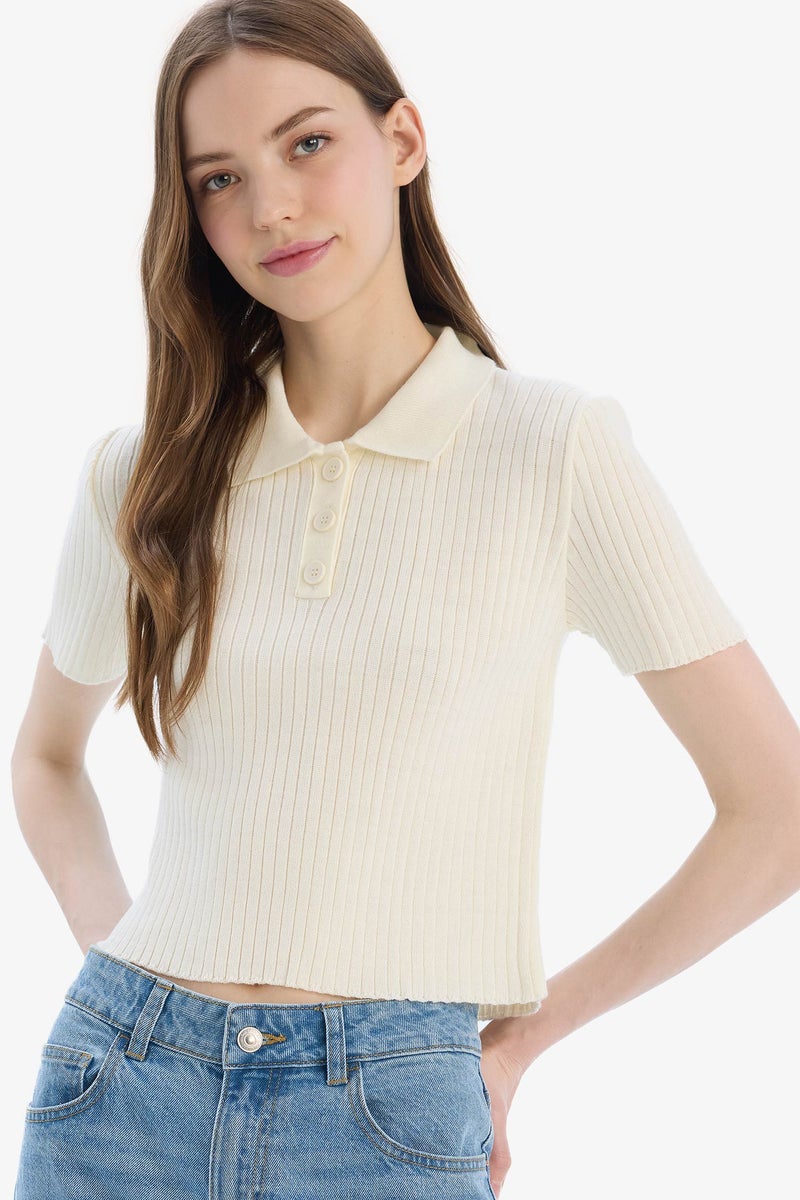 DeFacto Woman Slim Fit Polo Neck Short Sleeve Pullover - Image 1