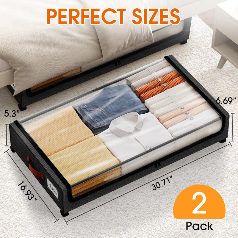 SpaceHacks Under Bed Storage with Wheels 2Pack Storage Containers with Clear Window&Label Under Bed Drawers Rolling Under Bed Storage for Clothes,Shoes, Blankets (30.71 x 16.93 x 6.69 in, Black) - Image 2
