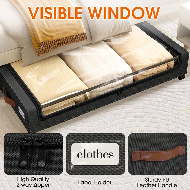 SpaceHacks Under Bed Storage with Wheels 2Pack Storage Containers with Clear Window&Label Under Bed Drawers Rolling Under Bed Storage for Clothes,Shoes, Blankets (30.71 x 16.93 x 6.69 in, Black) - Image 3