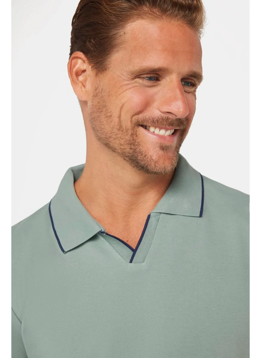 تودورس Men's Slim Fit Narrow Cut 100% Cotton Plain Pique Buttonless Green Polo Neck T-Shirt
