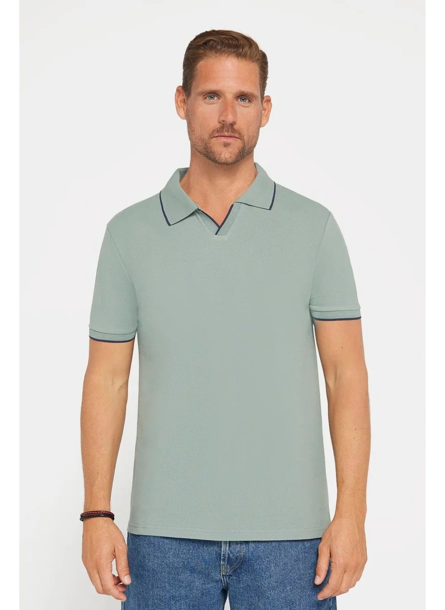 تودورس Men's Slim Fit Narrow Cut 100% Cotton Plain Pique Buttonless Green Polo Neck T-Shirt
