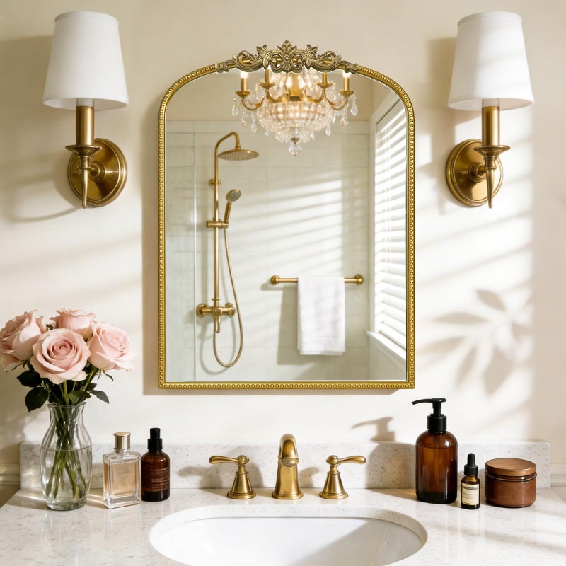 WallBeyond Gold Vintage Mirror for Vanity 22x30 Inch, Gold Antique Mirror with Ornate Frame, Arched Vintage Wall for Bathroom, Living Room, Fireplace, Entryway - Image 5