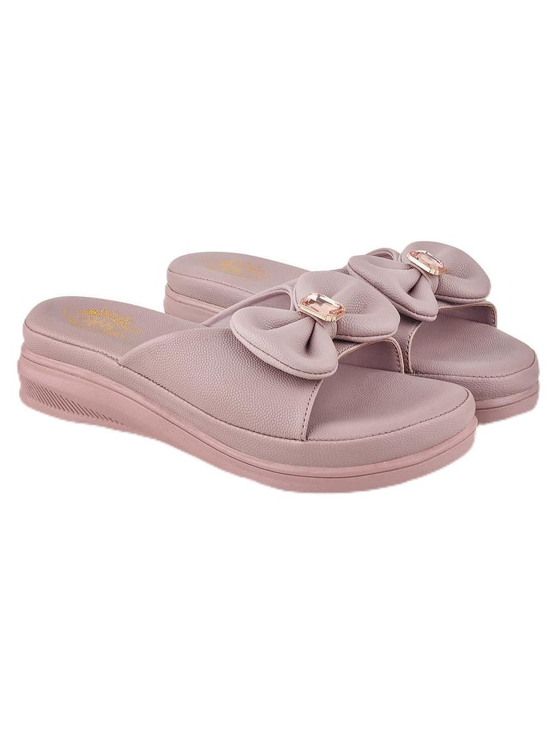 Shoetopia Women's Slip-On Peach Wedge Sandals | Comfortable Daily Slippers with Bow & Stone Detail | Lightweight Casual Fashion Footwear EU37 - Image 1