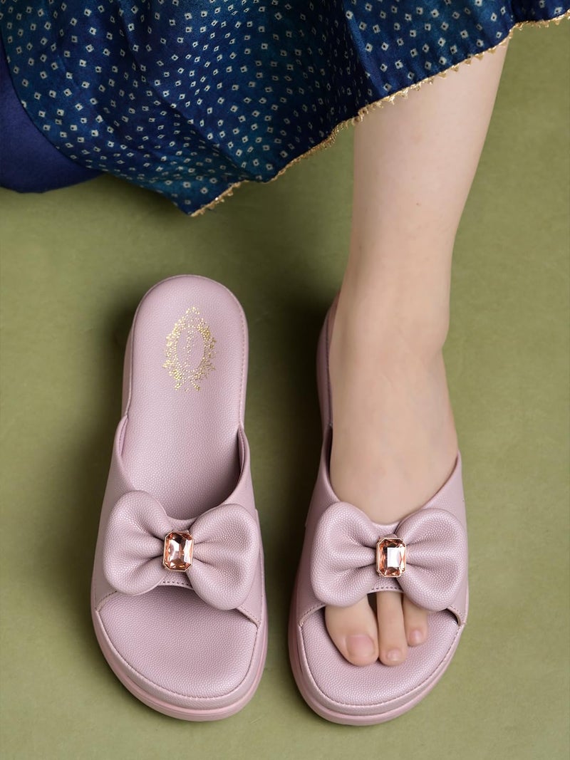 Shoetopia Women's Slip-On Peach Wedge Sandals | Comfortable Daily Slippers with Bow & Stone Detail | Lightweight Casual Fashion Footwear EU37 - Image 2
