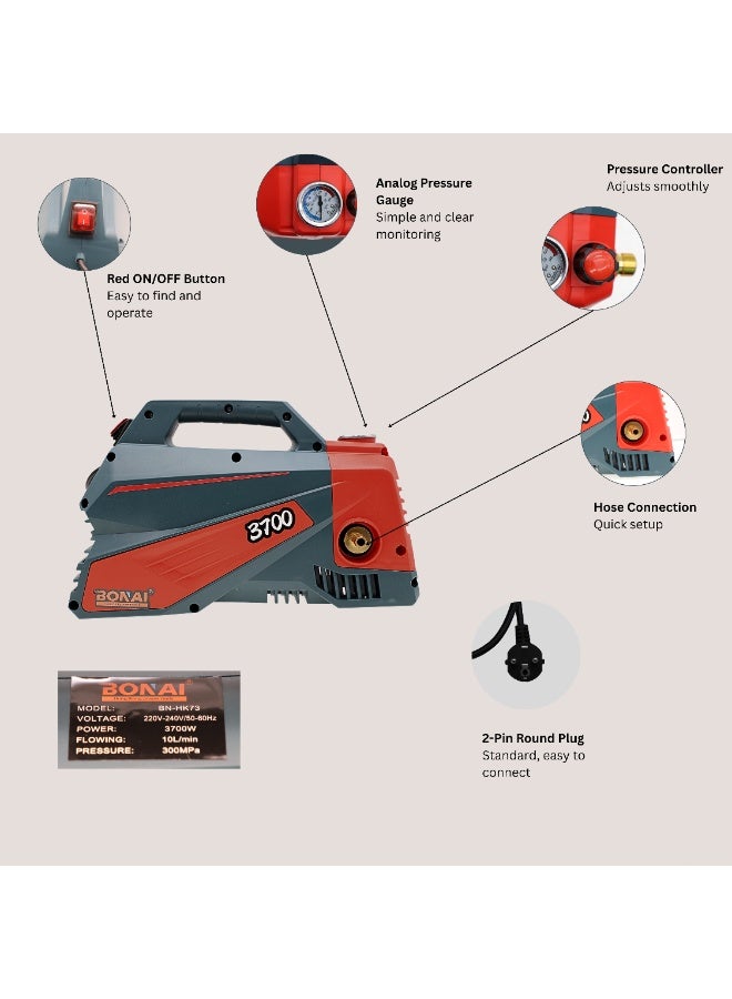 BONAI 3700W High-Power Pressure Washer – Portable Electric Jet Cleaner with 10L/min Flow, 220V, Adjustable Spray Gun & Analog Pressure Gauge for Car, Patio, Garden & Driveway - Image 4