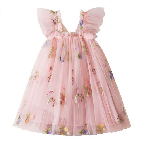 Nileafes Toddler Girl Flower Butterfly Embroidery Tutu Dress Casual Tulle Princess Birthday Dresses Size 80 (6-12 Months, 109-Pink) - Image 4