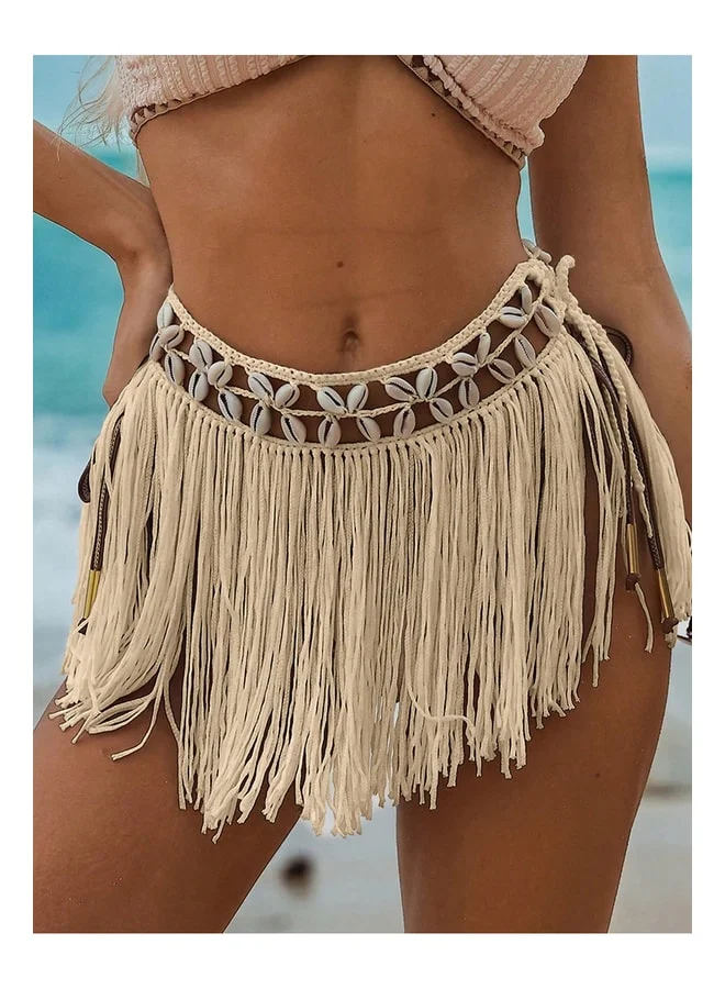 VEILLE Women's Bikini Top Sea Shell Fringe Pareo, Beachwear, Handcrafted Bikini Top Beach Skirt, Bohemian Skirt.