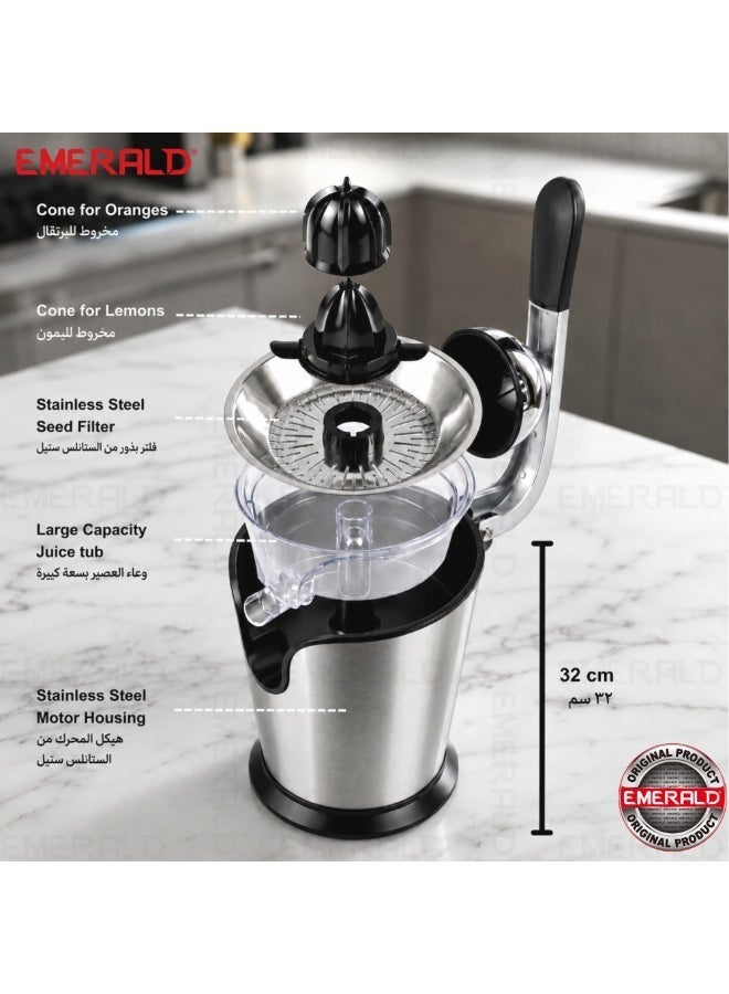 EMERALD Appliances EMERALD Electric Citrus Juicer EK 719 CG, 160W Copper Motor, Dual Cones for Orange & Lemon, Stainless Steel Body & Filter, Die-Cast Aluminium Handle, 0.6L, Dishwasher Safe, Silver - Image 3