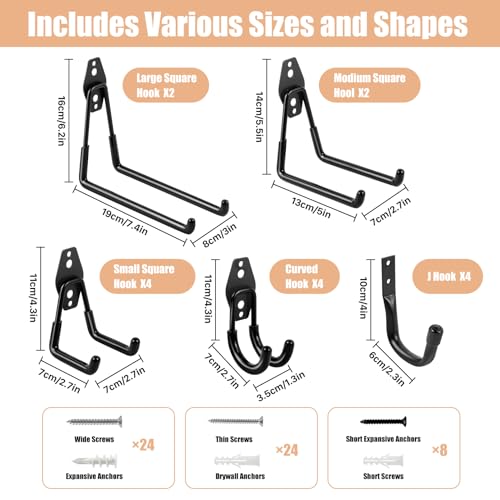 CLRBEATTY 20PCS Garage Hooks Heavy Duty Steel Garage Storage Hooks Utility Garages Wall Mount Hook with AntiSlip Coating Steel Garages Accessories for Organization Hanging Ladder Bike Power Black - Image 3