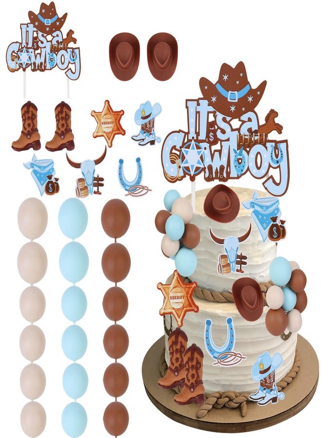 CORNER LACE Cowboy Baby Shower Ball Cake Decorations, Blue Brown Color Theme Cowboy Boots Hats Cake Figurines 28Pieces, Party Cake Toppers Decor Supplies Favors - Image 1