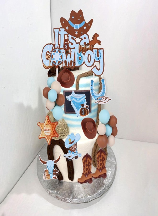 CORNER LACE Cowboy Baby Shower Ball Cake Decorations, Blue Brown Color Theme Cowboy Boots Hats Cake Figurines 28Pieces, Party Cake Toppers Decor Supplies Favors - Image 3