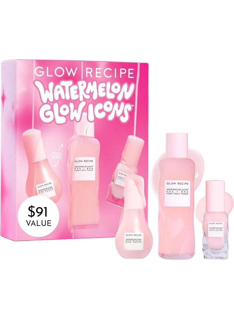 GLOW RECIPE Watermelon Glow Icons Skin Care Gift Set, Niacinamide Dew Drops Facial Serum, Pore Minimizer Toner with PHA & BHA & Hyaluronic Acid, Pink Face Moisturizer - Image 1