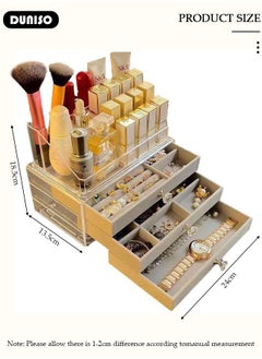 DUNISO Multi-function Jewelry Organizer Box with Tissue Box, 3 Drawers Clear Anti-oxidation Jewelry Boxes with Lipstick Makeup Brush Tray Top, Detachable Velvet Jewelry Display Case for Earring, Bangle, Bracelet, Necklace and Cosmetic  - Image 4