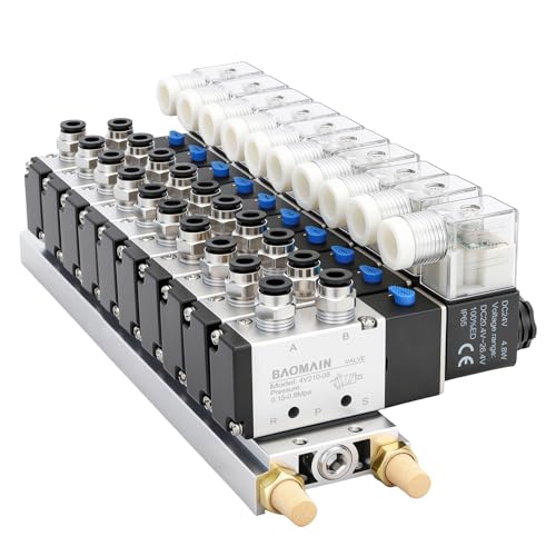 Baomain 10 Station Solenoid Valve Manifold, 24V DC 5 Way 2 Position Pneumatic Air Valve, Ten Solenoid, 1/4" PT Port, Includes Manifold Base & Mufflers, 4V210-08 - Image 1