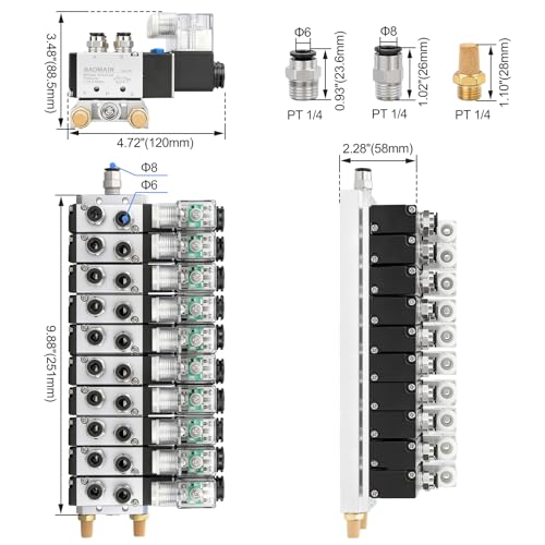 Baomain 10 Station Solenoid Valve Manifold, 24V DC 5 Way 2 Position Pneumatic Air Valve, Ten Solenoid, 1/4" PT Port, Includes Manifold Base & Mufflers, 4V210-08 - Image 2