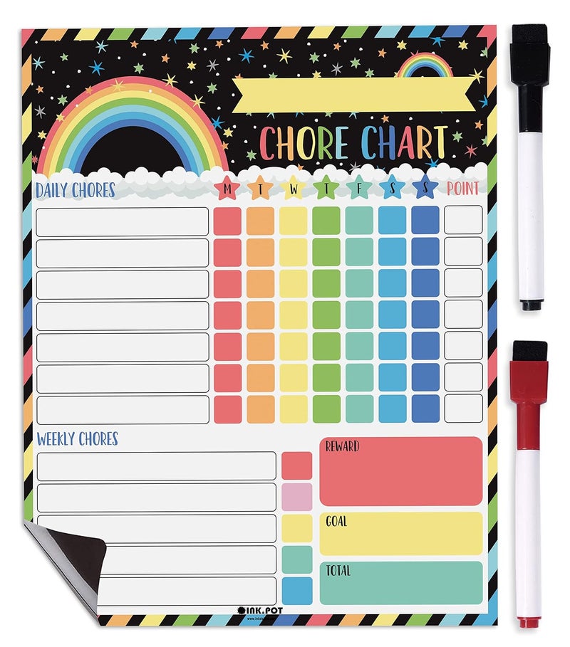 Inkdotpot Magnetic Dry Erase Weekly/Daily Chore Chart for Kids - Schedule Board, Reward & Good Behavior Chart With 2 Markers (Stars & Rainbow) - Image 1