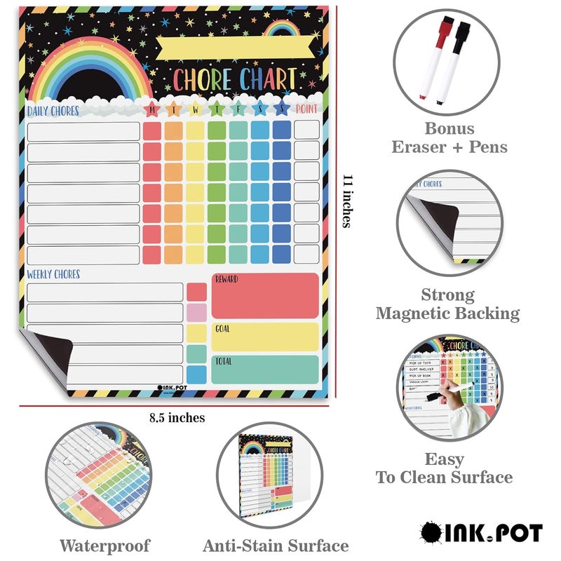 Inkdotpot Magnetic Dry Erase Weekly/Daily Chore Chart for Kids - Schedule Board, Reward & Good Behavior Chart With 2 Markers (Stars & Rainbow) - Image 3
