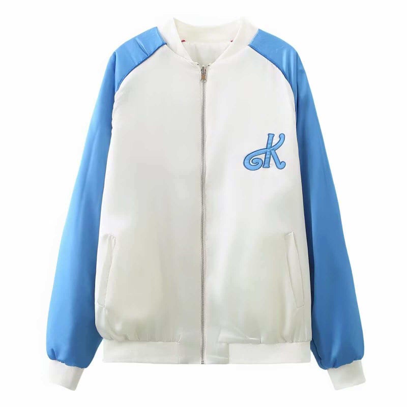 Puffer Blue European and American Trade Women's Clothing Popular on Autumn Pink Two-tone Embroidered Color-blocking Baseball Thin Cotton Jacket