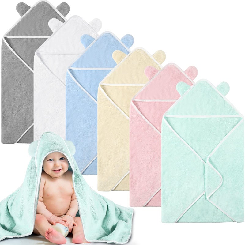 Lounsweer 6 Pieces Baby Bath Towels 30 x 30 Inch Hooded Toddler Towel Bath Blanket Absorbent Coral Fleece Hooded for Toddler Infant Newborn Shower Gift Supplies(Multicolor) - Image 1