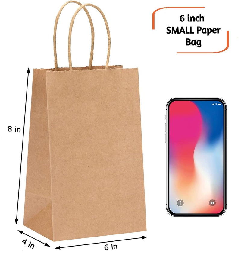 RanGit Bhumi® Kraft Paper Bags with Handles - 25pcs 6x4x8 inch Small Brown Paper Carry Bags for Shopping Retail Merchandise, Party Favor Goodies Return Gift Bag, Disposable (6x4x8 in Brown, 25 pack) - Image 2