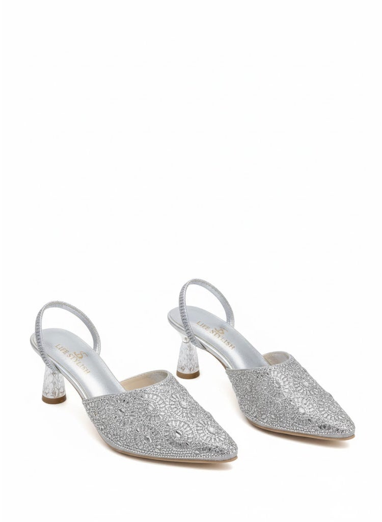 لايف ستيلاش  أحذية كعب مطرزة أنيقة F-620 - فضي - Image 1