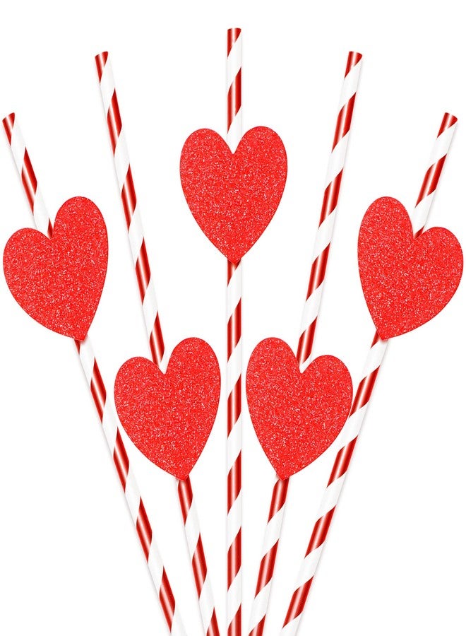 Whaline مصاصات ورقية من واهلين بمناسبة عيد الحب 60 قطعة مصاصات شرب معدنية حمراء مع 60 قطعة شرائح قلب أحمر لامع بخطوط بيضاء مصاصات قابلة للتخلص منها للمشروبات كوكتيل زفاف لوازم حفلات عيد الميلاد - Image 1