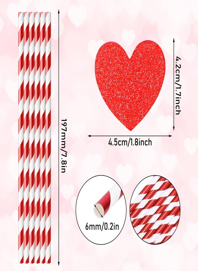 Whaline مصاصات ورقية من واهلين بمناسبة عيد الحب 60 قطعة مصاصات شرب معدنية حمراء مع 60 قطعة شرائح قلب أحمر لامع بخطوط بيضاء مصاصات قابلة للتخلص منها للمشروبات كوكتيل زفاف لوازم حفلات عيد الميلاد - Image 2