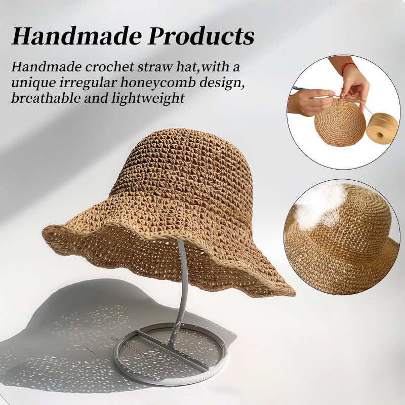 Askljeby Womens Sun Hats Wide Brim Summer Beach Hat for Women Foldable Travel Fedora Handmade Crochet Straw Hat Packable UPF50+, Khaki - Image 4
