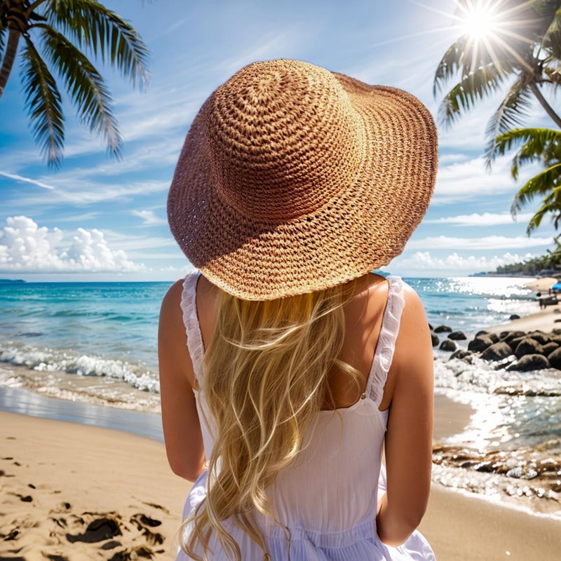 Askljeby Womens Sun Hats Wide Brim Summer Beach Hat for Women Foldable Travel Fedora Handmade Crochet Straw Hat Packable UPF50+, Khaki - Image 3