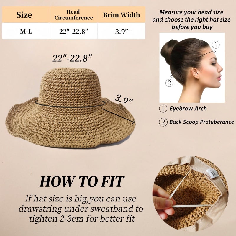 Askljeby Womens Sun Hats Wide Brim Summer Beach Hat for Women Foldable Travel Fedora Handmade Crochet Straw Hat Packable UPF50+, Khaki - Image 2