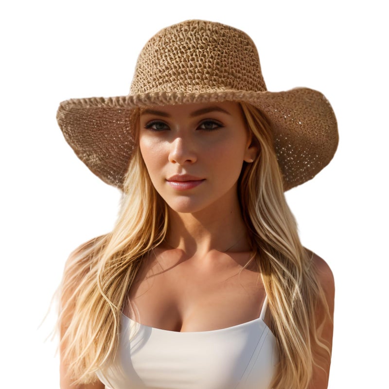 Askljeby Womens Sun Hats Wide Brim Summer Beach Hat for Women Foldable Travel Fedora Handmade Crochet Straw Hat Packable UPF50+, Khaki - Image 1