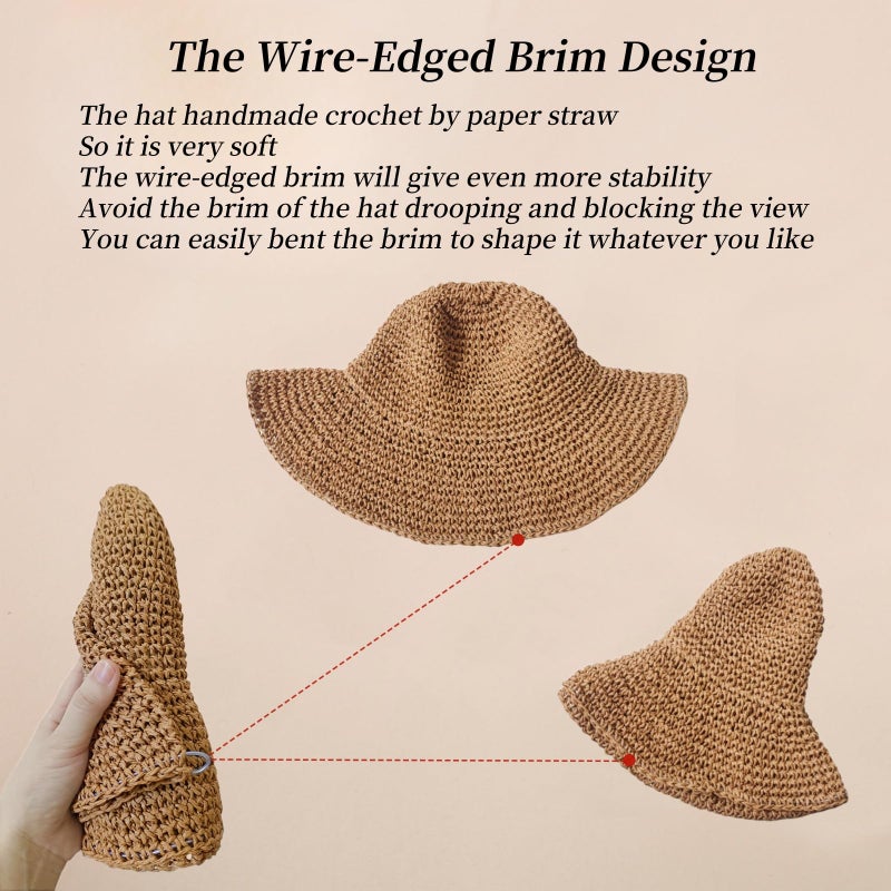 Askljeby Womens Sun Hats Wide Brim Summer Beach Hat for Women Foldable Travel Fedora Handmade Crochet Straw Hat Packable UPF50+, Khaki - Image 5