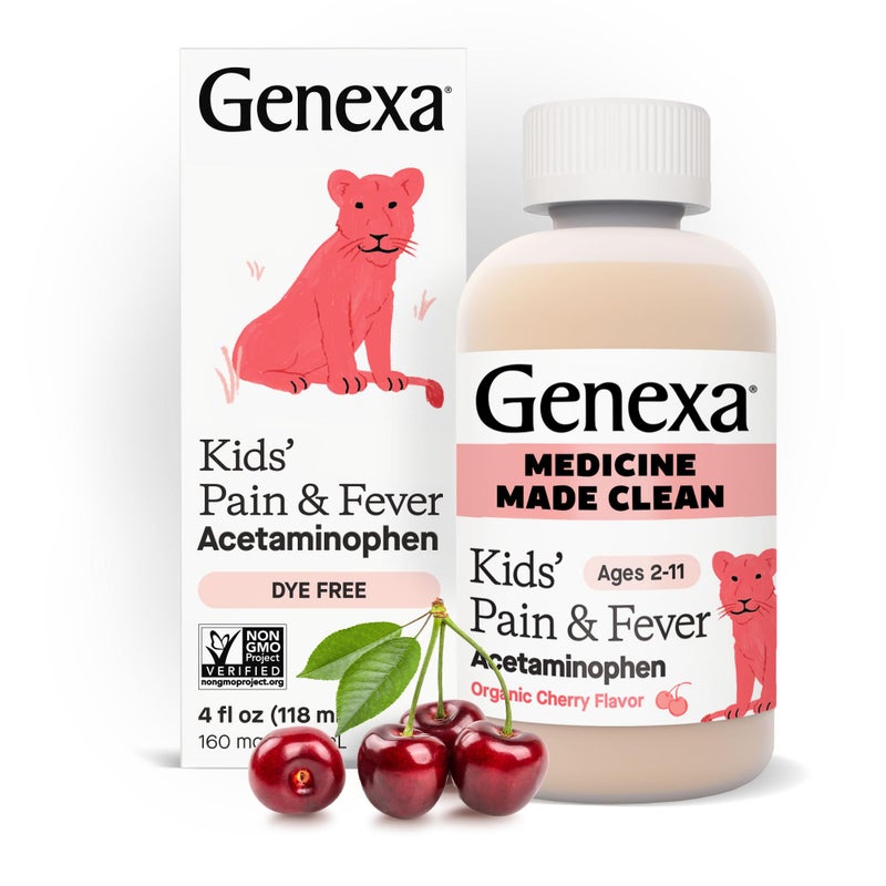 Genexa Genexa Kids Clean Pain Fever Acetaminophen Dye Free 0 Artificial Additives Delicious Organic Cherry Flavor Liquid Oral Suspension Medicine for Children 211 160 mg per 5mL 4 fl oz 