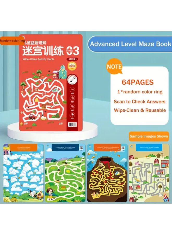 Advanced Level Kids Maze Puzzle Book Set 64 Page Reusable Wipe Clean Activity Cards - Image 1