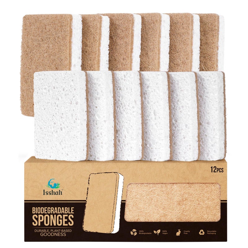 Isshah PlantBased Kitchen Sponges FSC Certified and PETA Approved Natural EcoFriendly Biodegradable Sisal Hemp Sponges for Dishes Cleaning Sponge for Kitchen Bathroom Household 12 Count