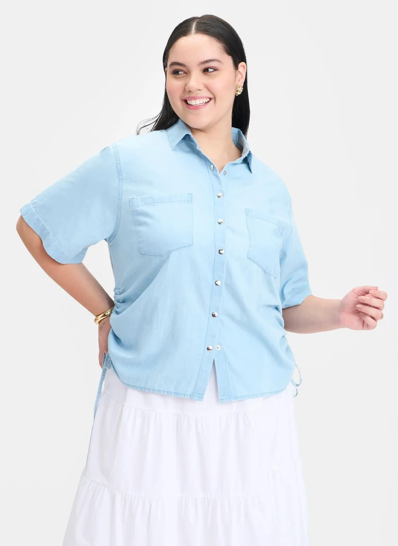 Virgio Cotton Side Brunchwear Drawcords Denim Shirts for Women