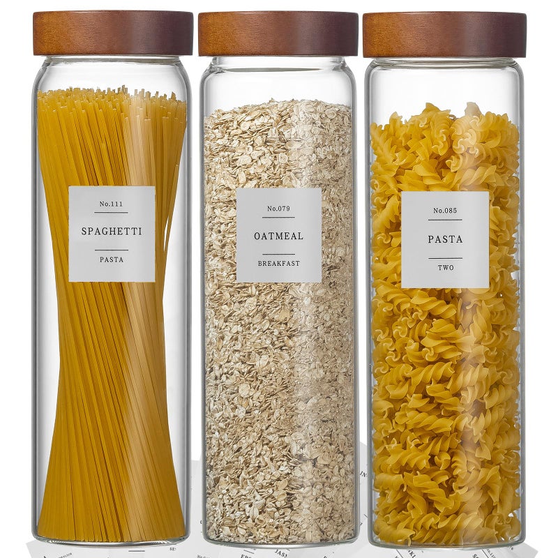 Wissy&Konny 3 Pack Glass Pasta Storage Containers with Screw wood Airtight Lid, 70oz Tall Glass Jar with Lid Spaghetti Container Storage for Pasta,Spaghetti,Cereal (132 Pantry Labels) - Image 1