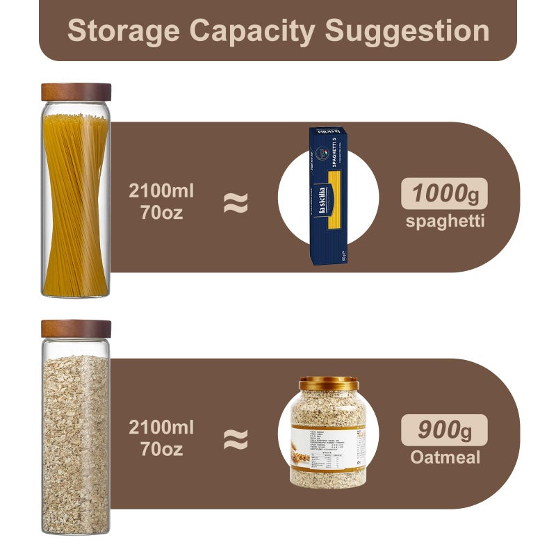 Wissy&Konny 3 Pack Glass Pasta Storage Containers with Screw wood Airtight Lid, 70oz Tall Glass Jar with Lid Spaghetti Container Storage for Pasta,Spaghetti,Cereal (132 Pantry Labels) - Image 3
