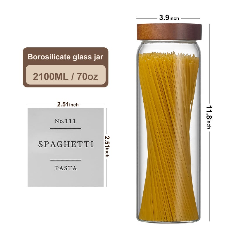 Wissy&Konny 3 Pack Glass Pasta Storage Containers with Screw wood Airtight Lid, 70oz Tall Glass Jar with Lid Spaghetti Container Storage for Pasta,Spaghetti,Cereal (132 Pantry Labels) - Image 2