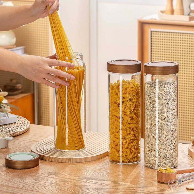 Wissy&Konny 3 Pack Glass Pasta Storage Containers with Screw wood Airtight Lid, 70oz Tall Glass Jar with Lid Spaghetti Container Storage for Pasta,Spaghetti,Cereal (132 Pantry Labels) - Image 4