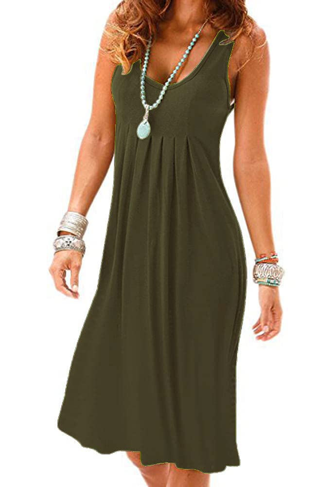 Camisunny Comfy Tank Dress for Women Knee Length Army Green Plain Solid Color Swing Soft Summer Dresses Size XL - Image 1