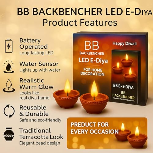 BB BACKBENCHERS Led Diya Lights Set, Water Sensor, Flameless & Smokeless, Battery Operated, Red Decorative Diyas for Diwali, Christmas, New Year (12) - Image 3