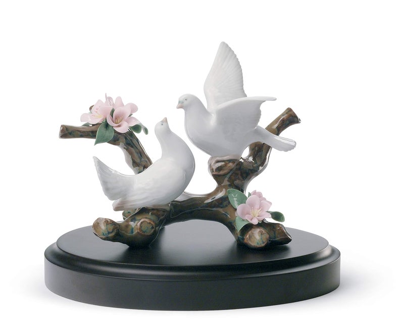 LLADRÃ“ LLADR Couple of Birds Doves on a Cherry Tree in Gloss Pastel Porcelain Decorative Figure of 2 Doves Symbol of Love 