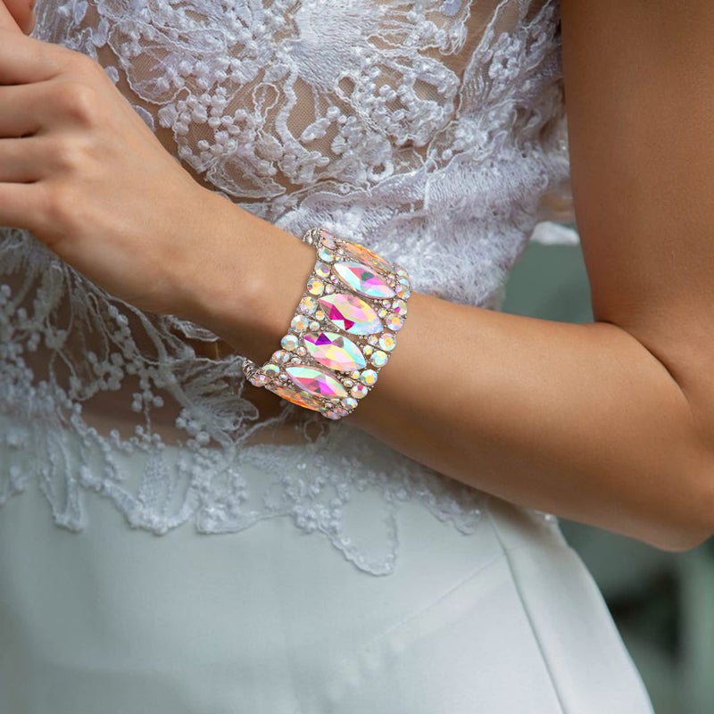 BriLove Wedding Bridal Elegant Crystal Double Row Rhinestones Marquise Cluster Stretch Bangle Bracelet for Bride Iridescent AB Silver-Tone - Image 2