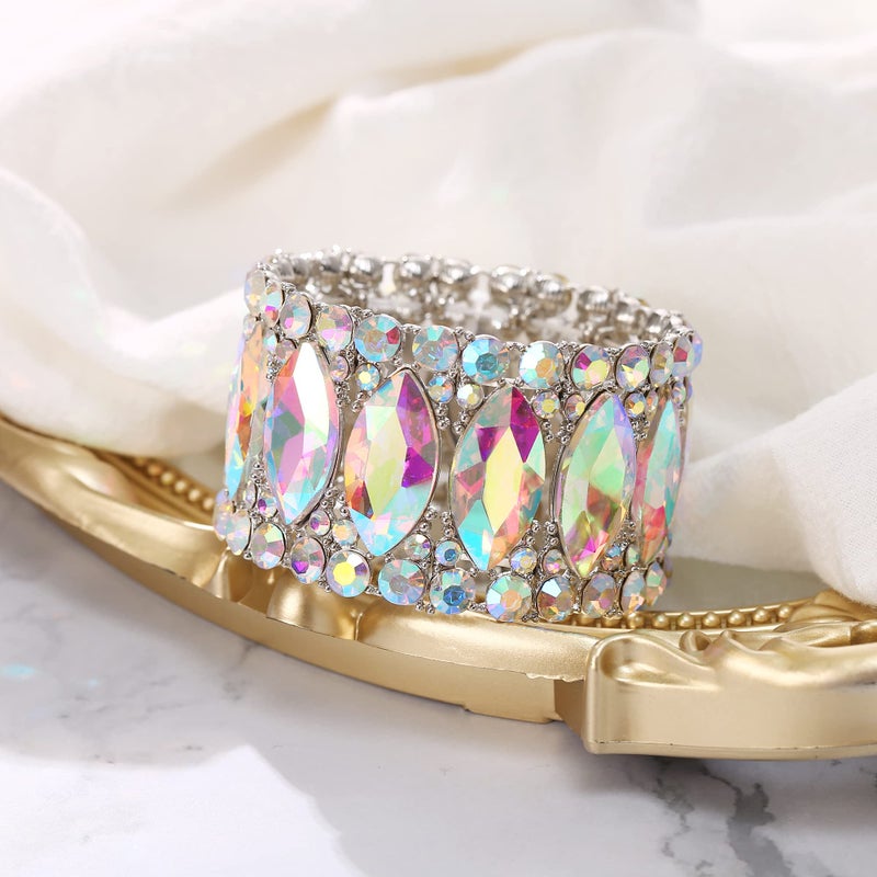 BriLove Wedding Bridal Elegant Crystal Double Row Rhinestones Marquise Cluster Stretch Bangle Bracelet for Bride Iridescent AB Silver-Tone - Image 5