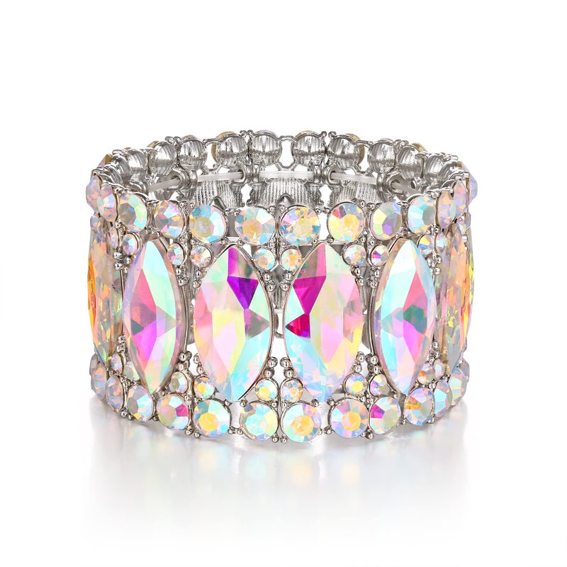 BriLove Wedding Bridal Elegant Crystal Double Row Rhinestones Marquise Cluster Stretch Bangle Bracelet for Bride Iridescent AB Silver-Tone - Image 1